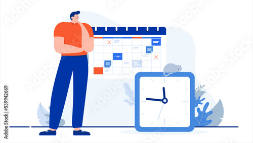 Man with clock and calendar - Working person in office doing time management and planning. Flat design cartoon vector illustration with white background