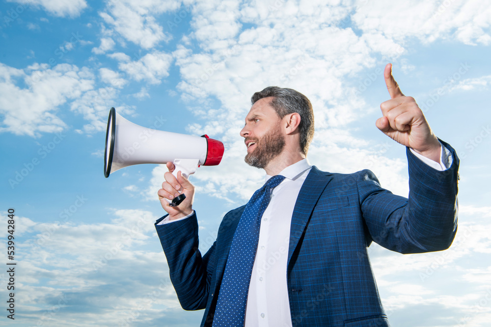 businessman shout in loudspeaker on sky background. advertisement businessman shout in loudspeaker on sky background. advertisement