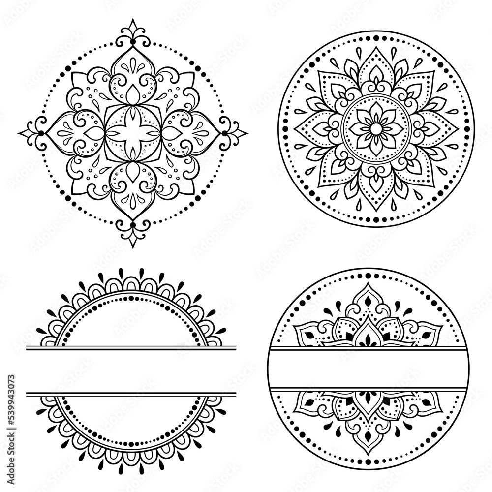 Set of circular pattern in form of mandala with flower for Henna, Mehndi, tattoo, decoration. Decorative ornament in ethnic oriental style. Outline doodle hand draw vector illustration.