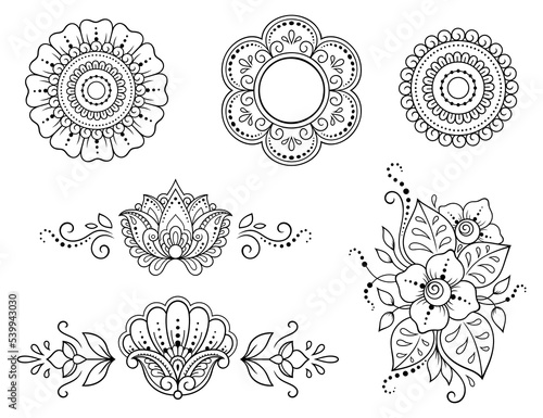 Set of Mehndi flower pattern for Henna drawing and tattoo. Decoration in ethnic oriental, Indian style. Doodle ornament. Outline hand draw vector illustration.