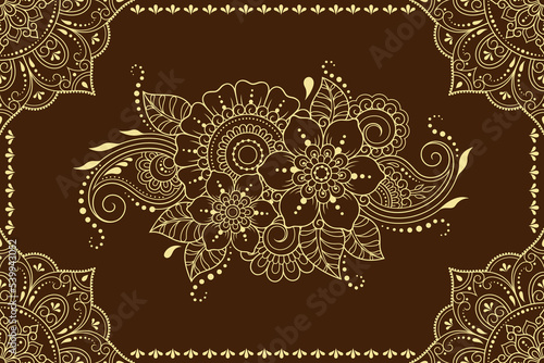 Seamless pattern of mehndi flower and border for Henna drawing and tattoo. Decorative doodle ornament in ethnic oriental, Indian style. Outline hand draw vector illustration.