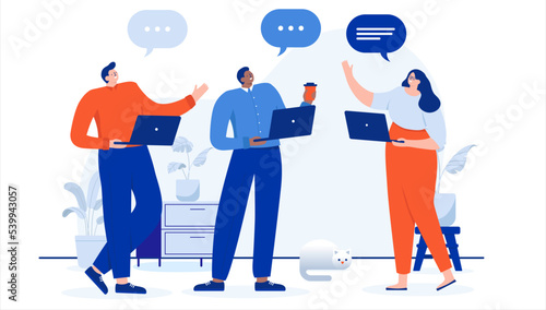 Happy people talking at work - Casual businesspeople having conversation and being social at workplace. Positive work environment concept. Flat design cartoon vector illustration with white background