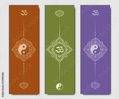 Set of design yoga mats. Lotus floral pattern, OM and Yin-yang in oriental style for decoration sport equipment. Colorful ethnic Indian ornaments for spiritual serenity. Decor of card, poster, print.