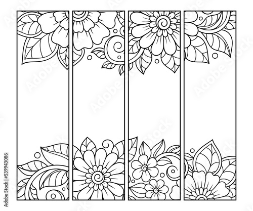Bookmark for book - coloring. Set of black and white labels with floral doodle patterns, hand draw in mehndi style. Sketch of ornaments for creativity of children and adults with colored pencils.