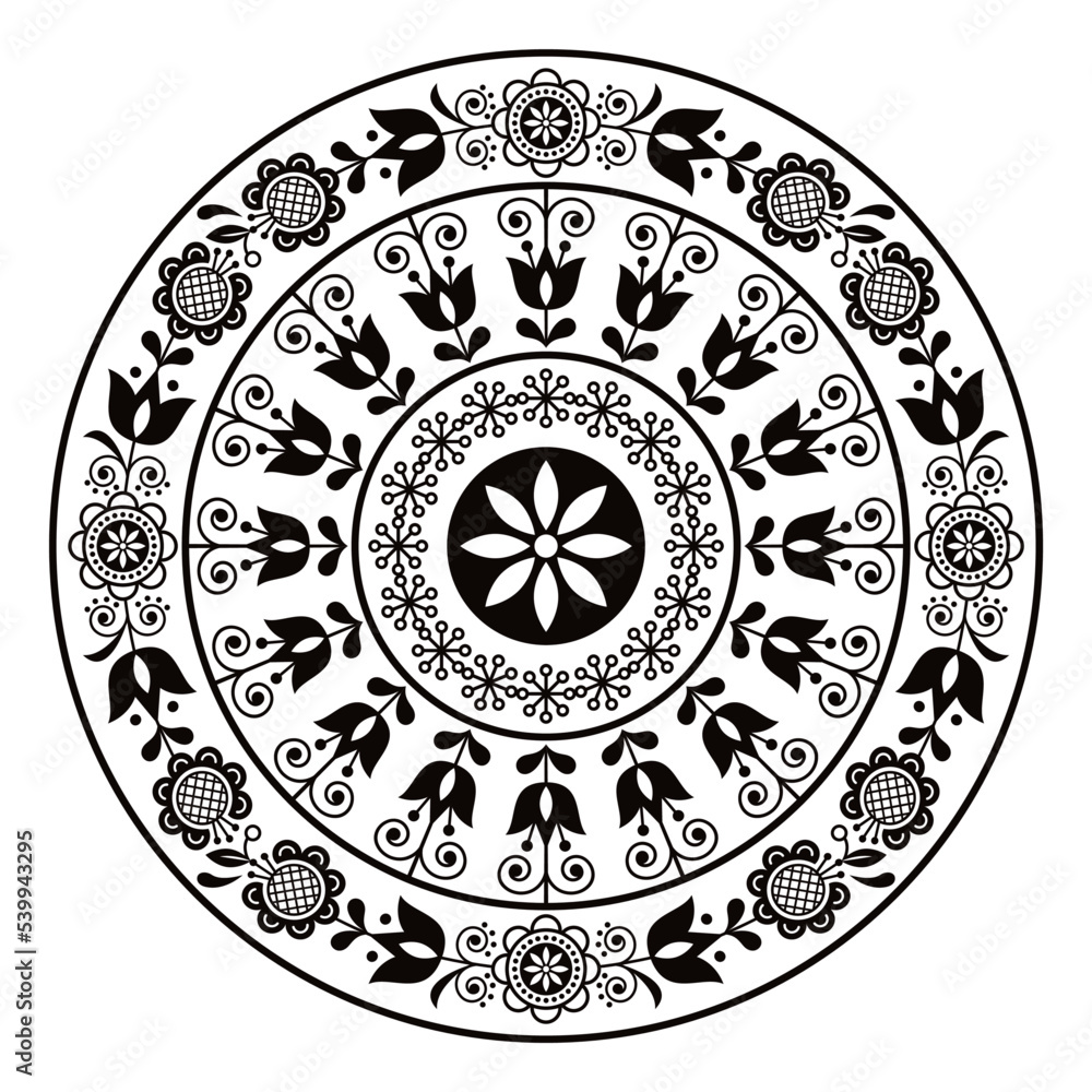 Scandinavian folk art vector mandala design, cute pattern with flowers retro style in black on white background
