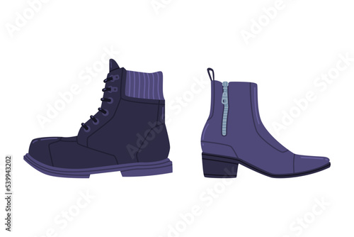 Leather Blue Boot with Heel as Seasonal Shoe and Casual Footwear Vector Set