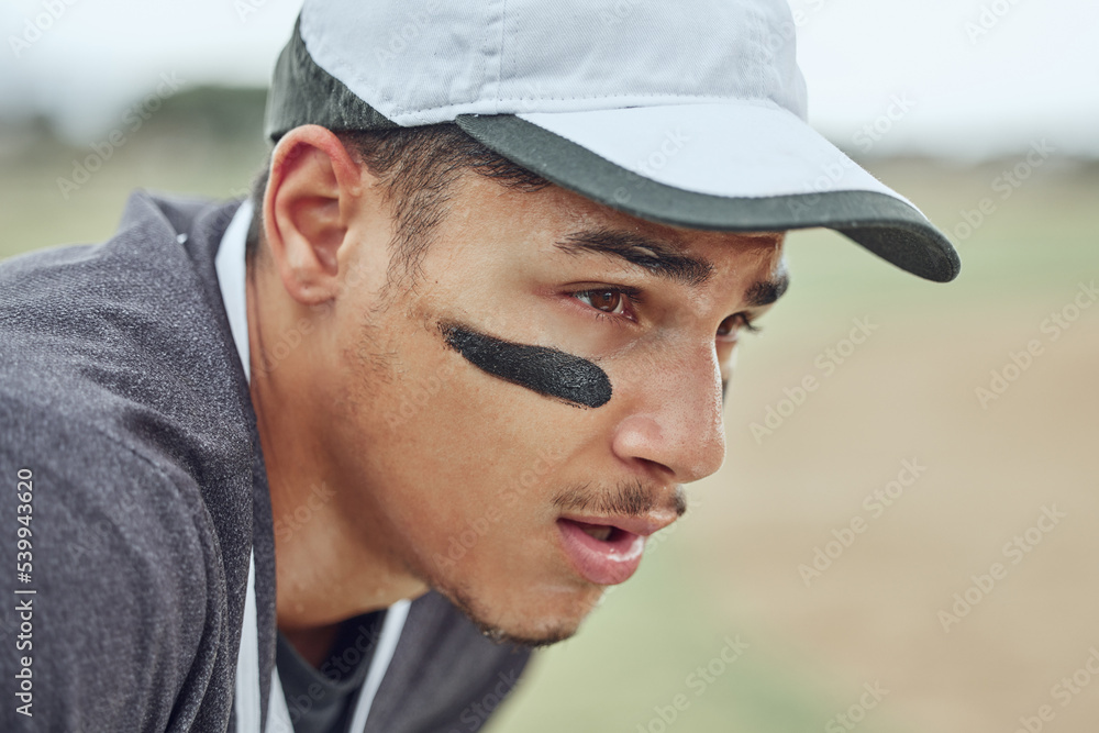Man, tired face and baseball player thinking of game or match strategy in fitness, workout or training on stadium pitch. Zoom, softball player or sports athlete on playing field exhausted or sweating