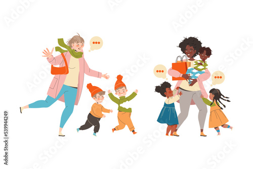 Tired Mom with Naughty Kids Feeling Stress and Exhaustion of Multitasking Vector Set