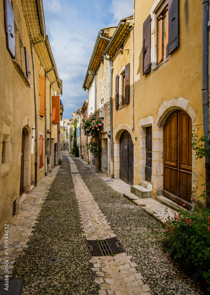 Medieval houses and cobblestone street in the village of Rochemaure, in the South of France (Ardeche)