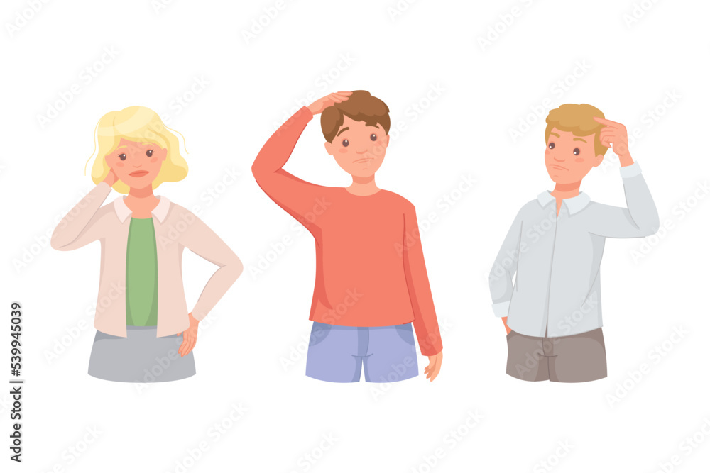 Fototapeta premium Pensive Man and Woman Character Scratching Head Thinking and Considering Something Vector Illustration Set