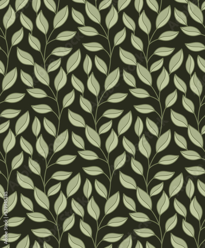 Pattern with intertwined branches with foliage on dark green background. Vector herbal texture with doodle hand drawn leaves and stems