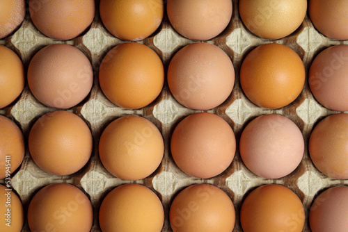 Background of fresh chicken eggs in a cardboard tray