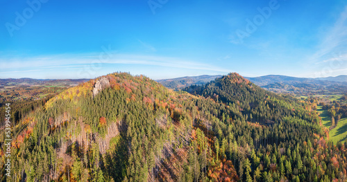 Rudawy Janowickie landscape park, Poland. Aerial view of Sokolik peaks in the autumn