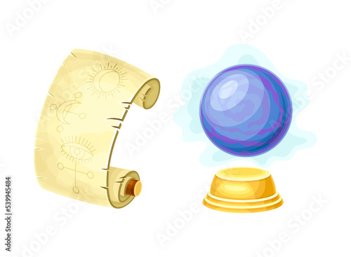Old Paper Scroll with Spell Symbol and Crystal Ball as Magical Object and Witchcraft Item Vector Set