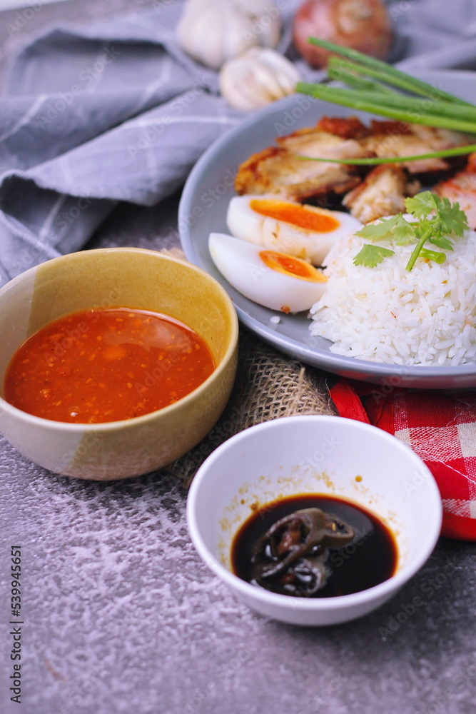 rice with red pork on top served with boiled egg, cucumber and crispy pork with dipping sauce and soy sauce served in the restaurant rice with red pork on top served with boiled egg, cucumber and crispy pork with dipping sauce and soy sauce served in the restaurant