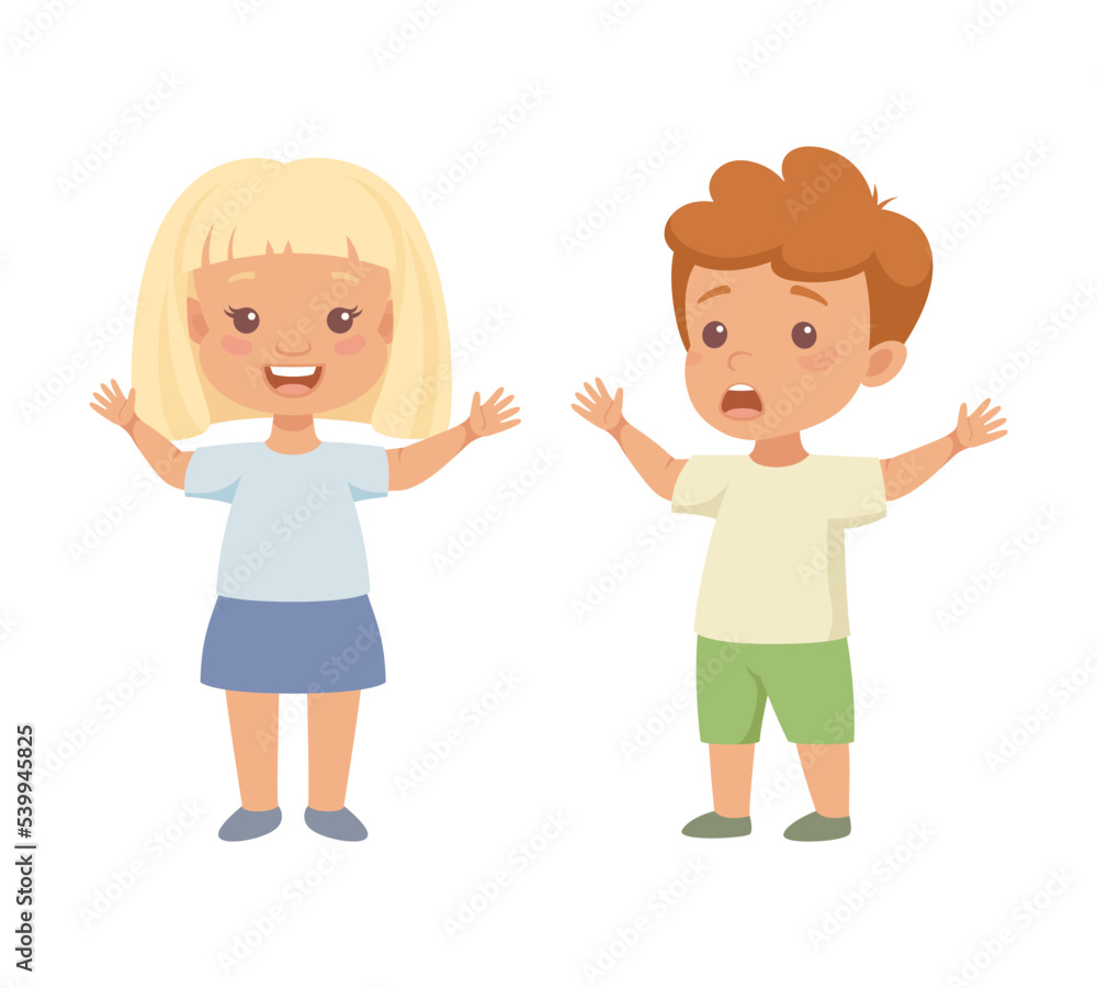 Little Boy and Girl Having Different Face Emotion and Gesture Vector Set