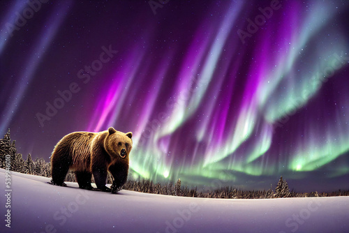 Print op canvas brown bear in winter landscape with aurora borealis