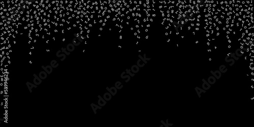 Falling numbers, big data concept. Binary white random flying digits. Stunning futuristic banner on black background. Digital vector illustration with falling numbers.