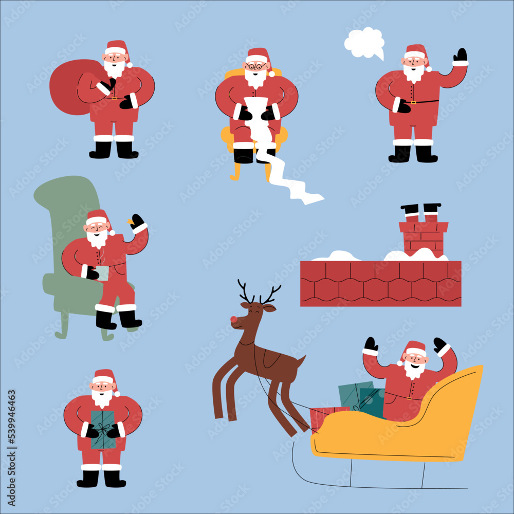 A set of Christmas flat illustrations isolated on white. Funny happy Santa Claus character with a gift, a bag of gifts, with a deer, in a chair, waving and greeting. For Christmas cards, banners