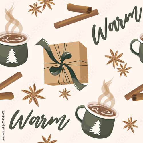 Warm and cozy seamless pattern,  winter drink coffee or cocoa with star anise and cinnamon. Christmas cup, mug with tree. Gift craft box with a bow Cute vector illustration for cover, package, textile