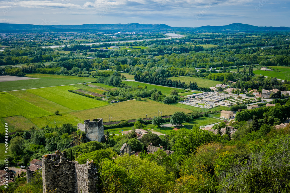View on the Rhone river valley and the countryside from the village of Rochemaure in the South of France (Ardeche)