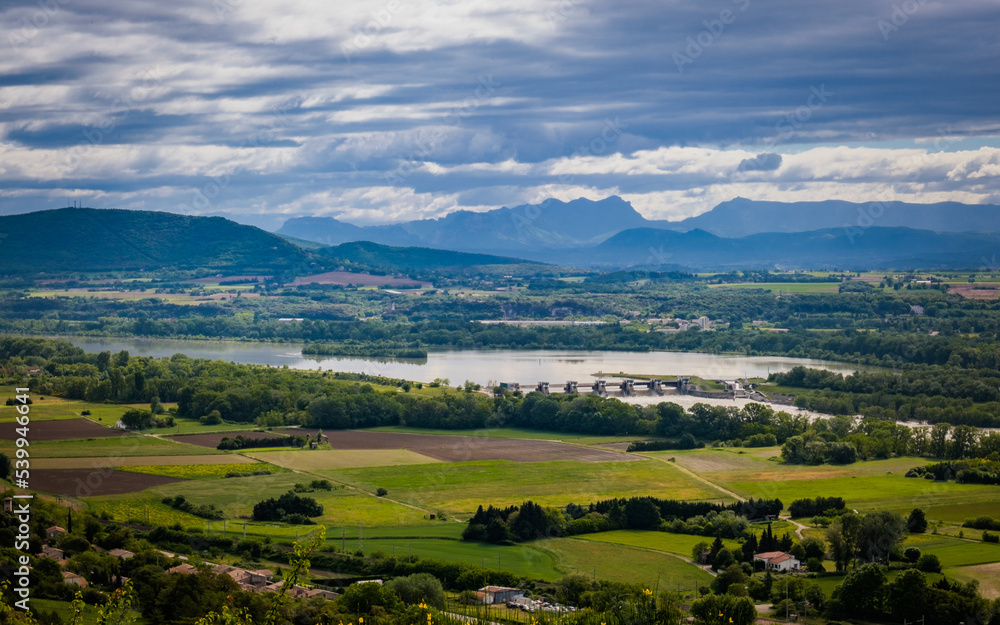 Fototapeta premium View on the Rhone river valley and the countryside from the village of Rochemaure in the South of France (Ardeche)