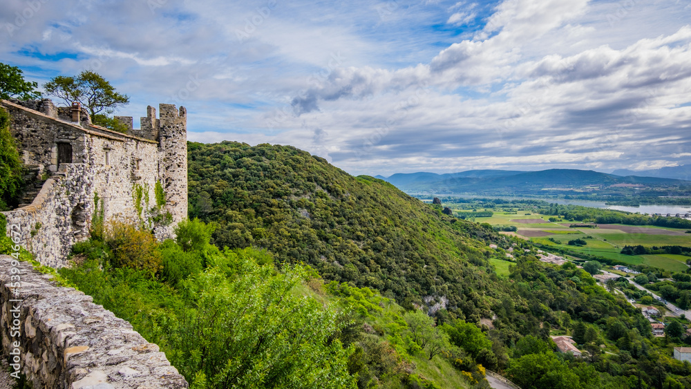 View on the medieval fortress of Rochemaure and the surrounding countryside in the South of France (Ardeche)