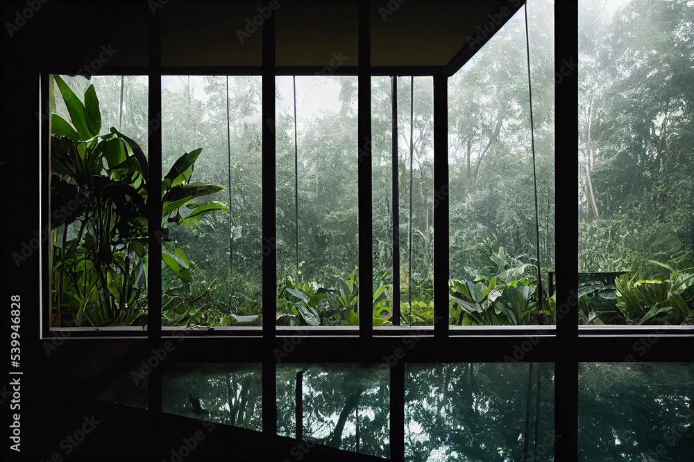 Interior with huge window and rainforest view Interior with huge window and rainforest view