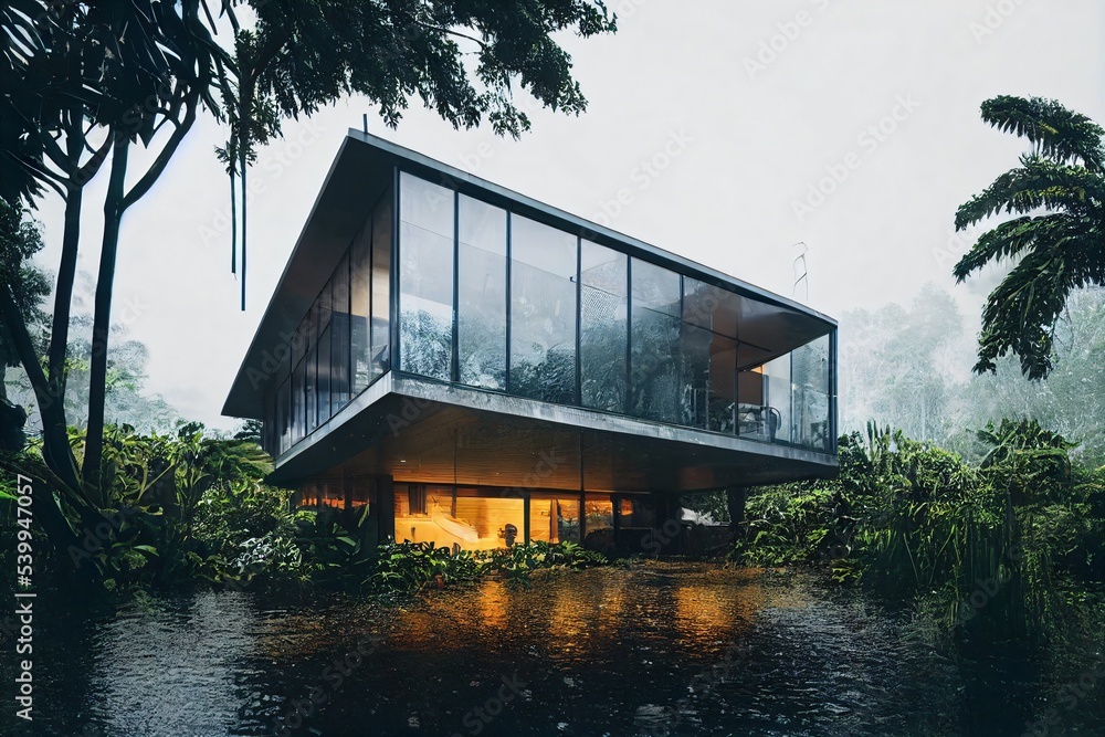 Modern design house in the rainforest jungle Stock Illustration Adobe