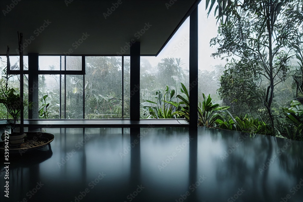 Interior with huge window and rainforest view Interior with huge window and rainforest view