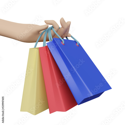 Character cartoon woman hand holding colorful shopping paper bags isolated. 3d illustration or 3d render