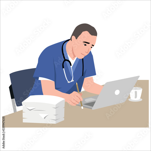 Character medical doctor. Healthcare and medical help. Doctor's office. Front and back view of the doctor in the treatment room. Vector illustration in cartoon style.