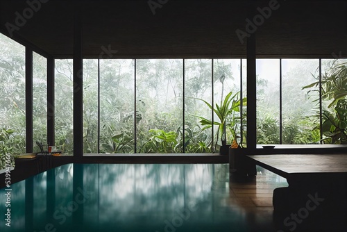 Interior with huge window and rainforest view