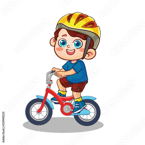 boys riding bicycles with helmets.