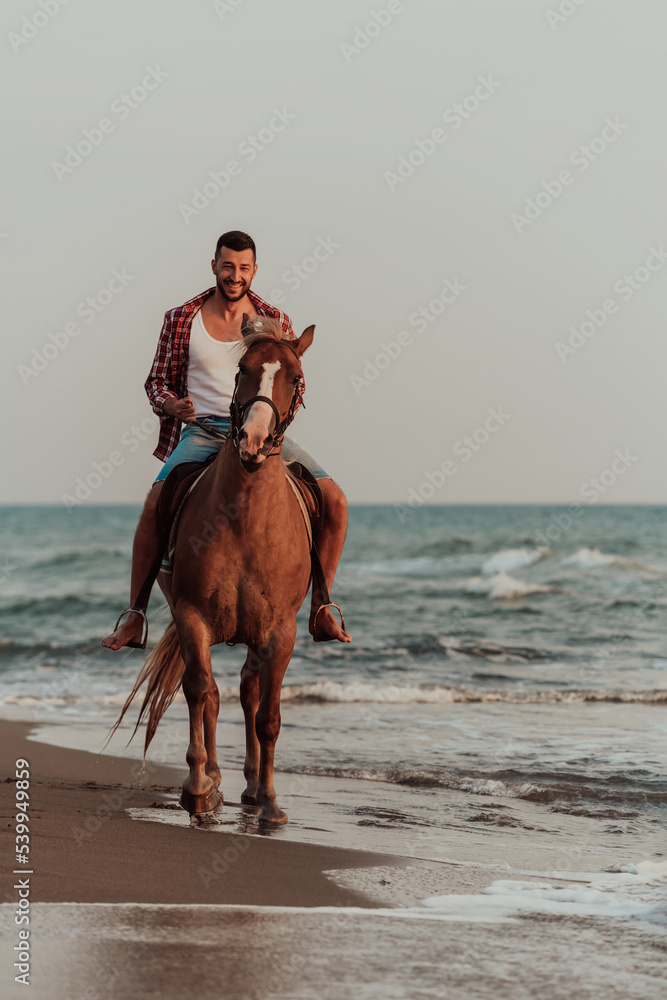 A modern man in summer clothes enjoys riding a horse on a beautiful sandy beach at sunset. Selective focus A modern man in summer clothes enjoys riding a horse on a beautiful sandy beach at sunset. Selective focus