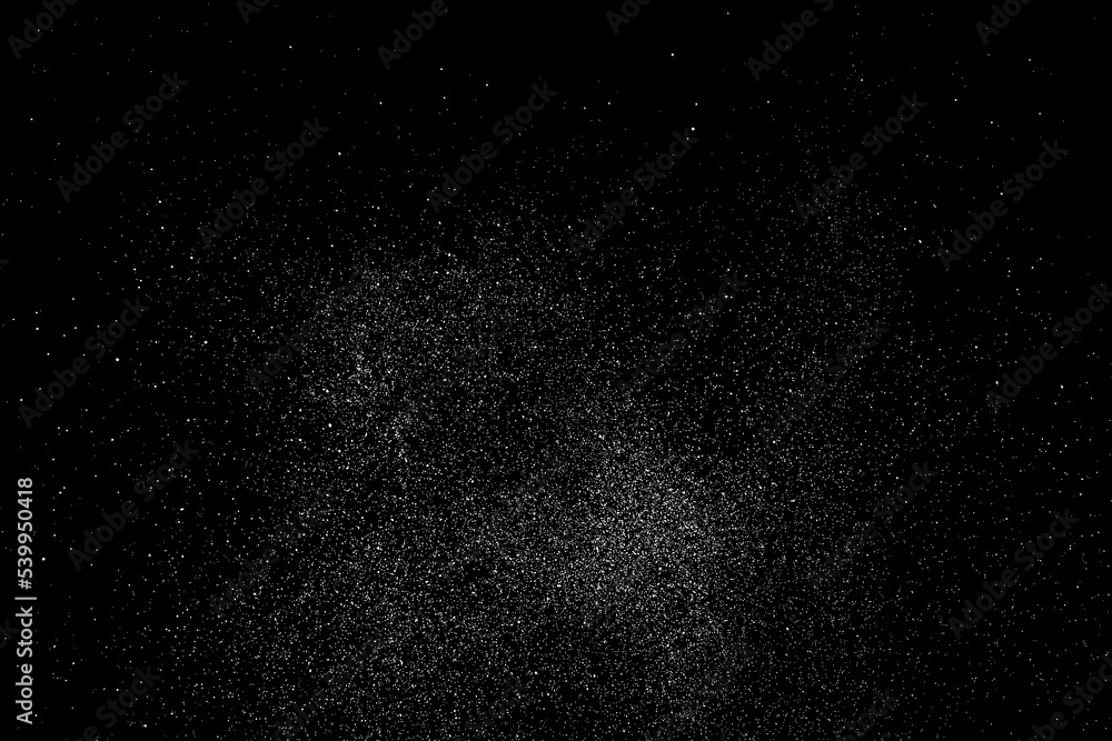 Distressed white grainy texture. Dust overlay textured. Grain noise particles. Rusted black background. Vector illustration. EPS 10.	