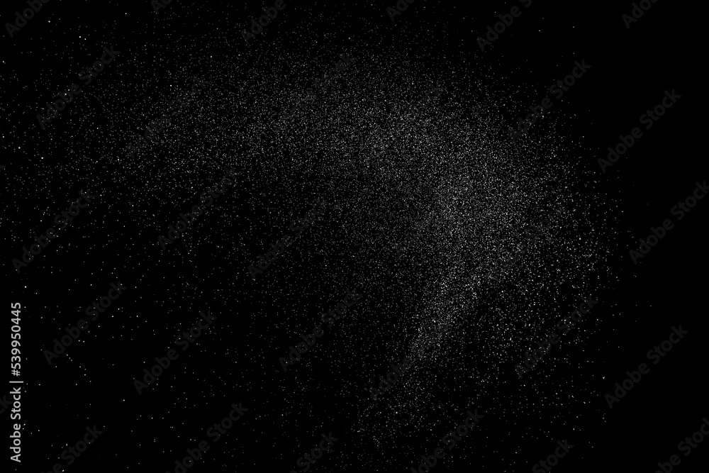 Distressed white grainy texture. Dust overlay textured. Grain noise particles. Rusted black background. Vector illustration. EPS 10.	