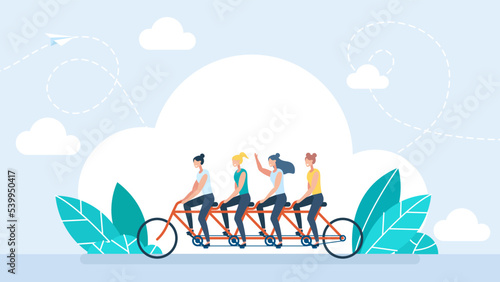 Business people group riding on tandem bicycle pushing pedals with coordination. Only women. Successful businessmen collective teamwork and cooperation concept. Female friendship. Vector illustration