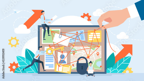 Conspiracy theory. Bamboo board with attached evidence, facts. Investigating the connection between events and people. Detectives are looking for facts, connections. Cause, effect. Vector illustration
