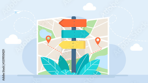 Direction sign post with arrow set on the background of the map. Choice signpost to choose road or street, blank signboard pointer with wooden pole template. Sign board. Flat vector illustration