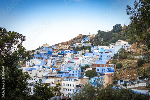 panorama over Chefchaouen, blue city, rif mountains, morocco, north africa