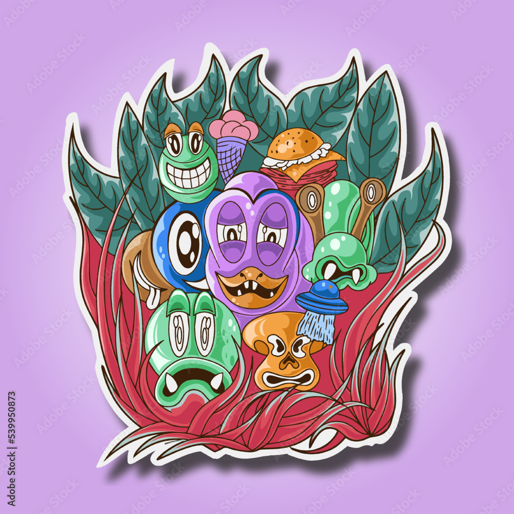Vector cute character Doodle monster sticker