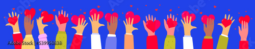 Vector kindness donation and charity illustration with red shape heart and hand on blue color background. Diversity group of hand care of heart form. Flat style romantic design of sharing love