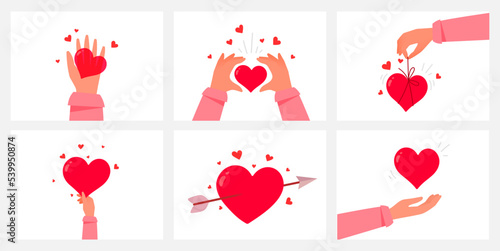 Charity hand give heart set. Vector set of kindness donation illustration with people hand and red shape heart on white color background. Flat style romantic design of sharing love