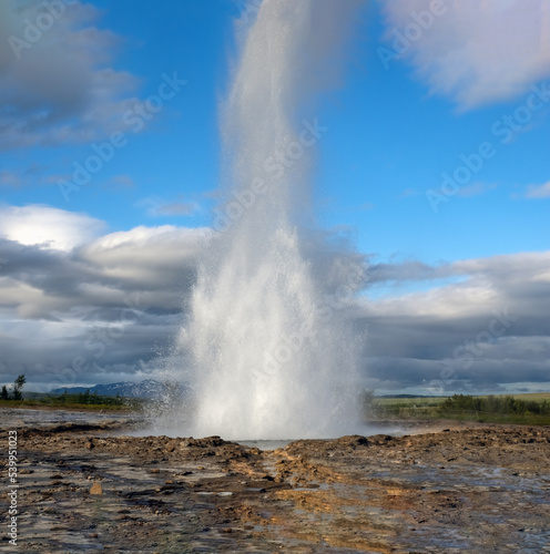 Geysir home to the Strokkur geyser in southwestern Iceland. Lying in the Haukadalur valley on the slopes of Laugarfjall hill