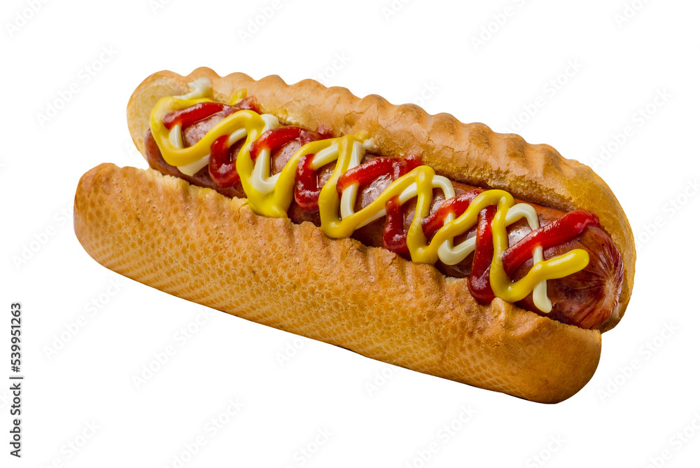 Hot dog garnished with sauces in a white bun Hot dog garnished with sauces in a white bun