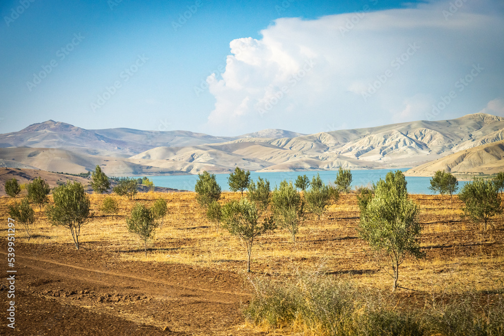 landscape with mountains and lake, reservoir, rif mountains, morocco, north africa