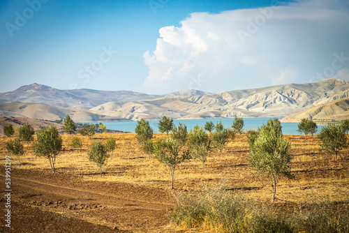 landscape with mountains and lake, reservoir, rif mountains, morocco, north africa