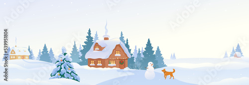 Vector drawing of a cute winter village, snowy scene with a snowman and a dog, snow covered panorama