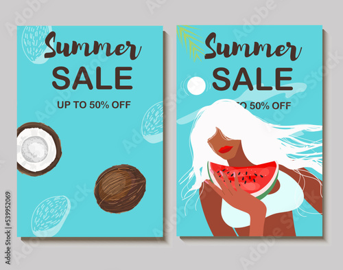 Colorful vector summer sale layout poster, banner, background, vacation mood, cards, invitation, summer vibes, tag, sale, tanned girl eating watermelon, coconut.